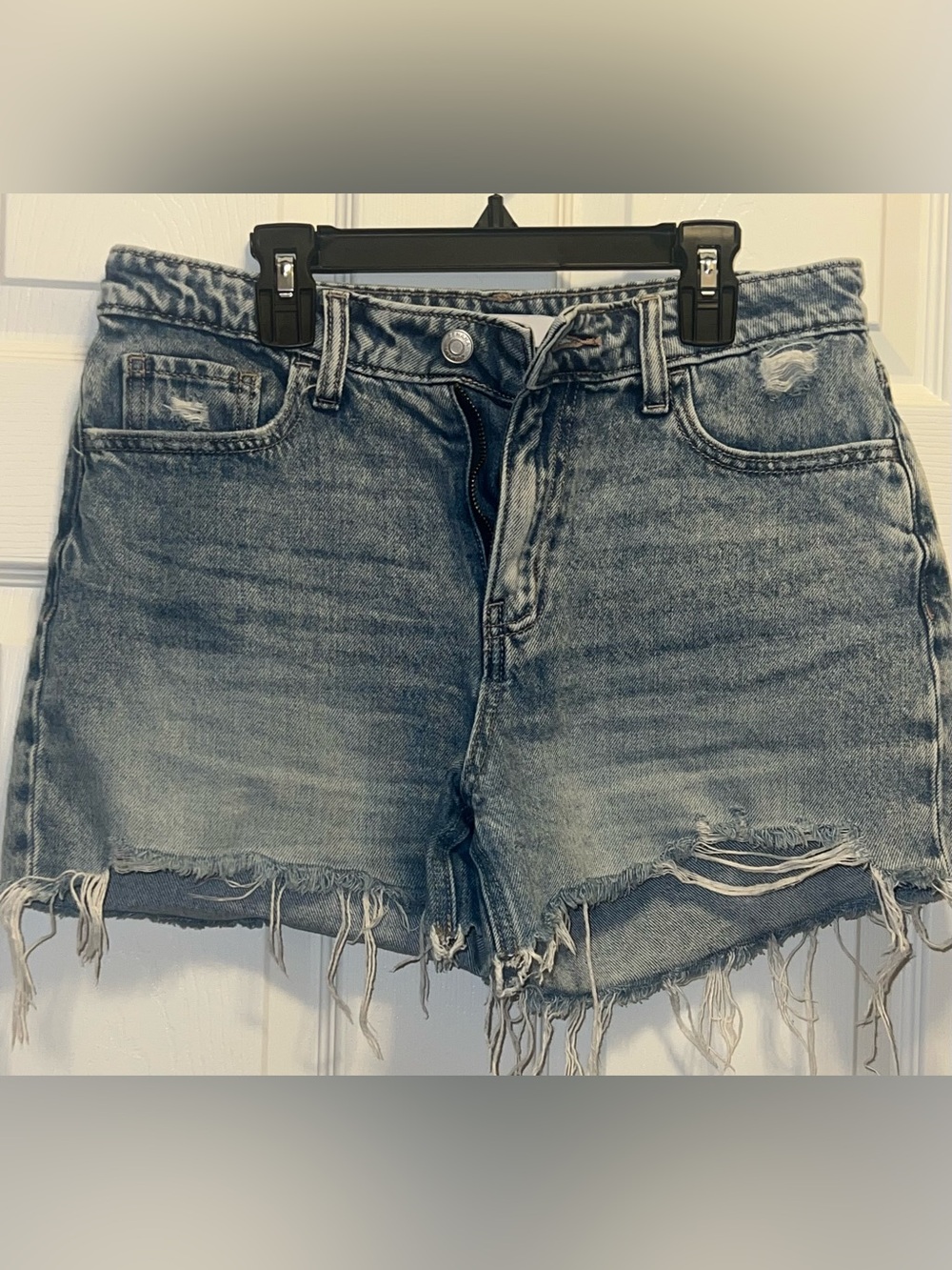 Zenana Classic Distressed High-Waist Denim Shorts - Light Blue